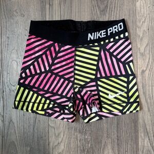 Nike Pro Kids Athletic Shorts Pink Yellow Geometric Print Size S